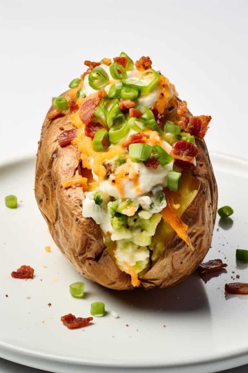 Close-up image showing the fluffy and creamy mashed potato filling of a Twice Baked Potato, stuffed with a rich blend of cheeses and fresh herbs, with a perfectly crisp potato skin.