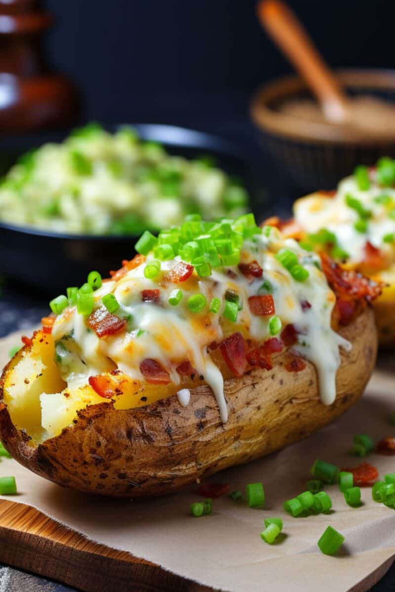 A close-up view of creamy twice baked potato filling stuffed in a crispy Russet potato skin, garnished with green onions, bacon bits and paprika.
