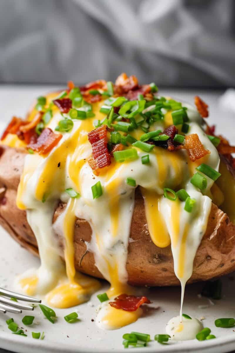 Delicious twice baked potatoes loaded with a creamy and cheesy mashed potato filling, sprinkled with crisp golden bacon bits, freshly chopped green onions, and a light dusting of paprika, served on a rustic ceramic plate.