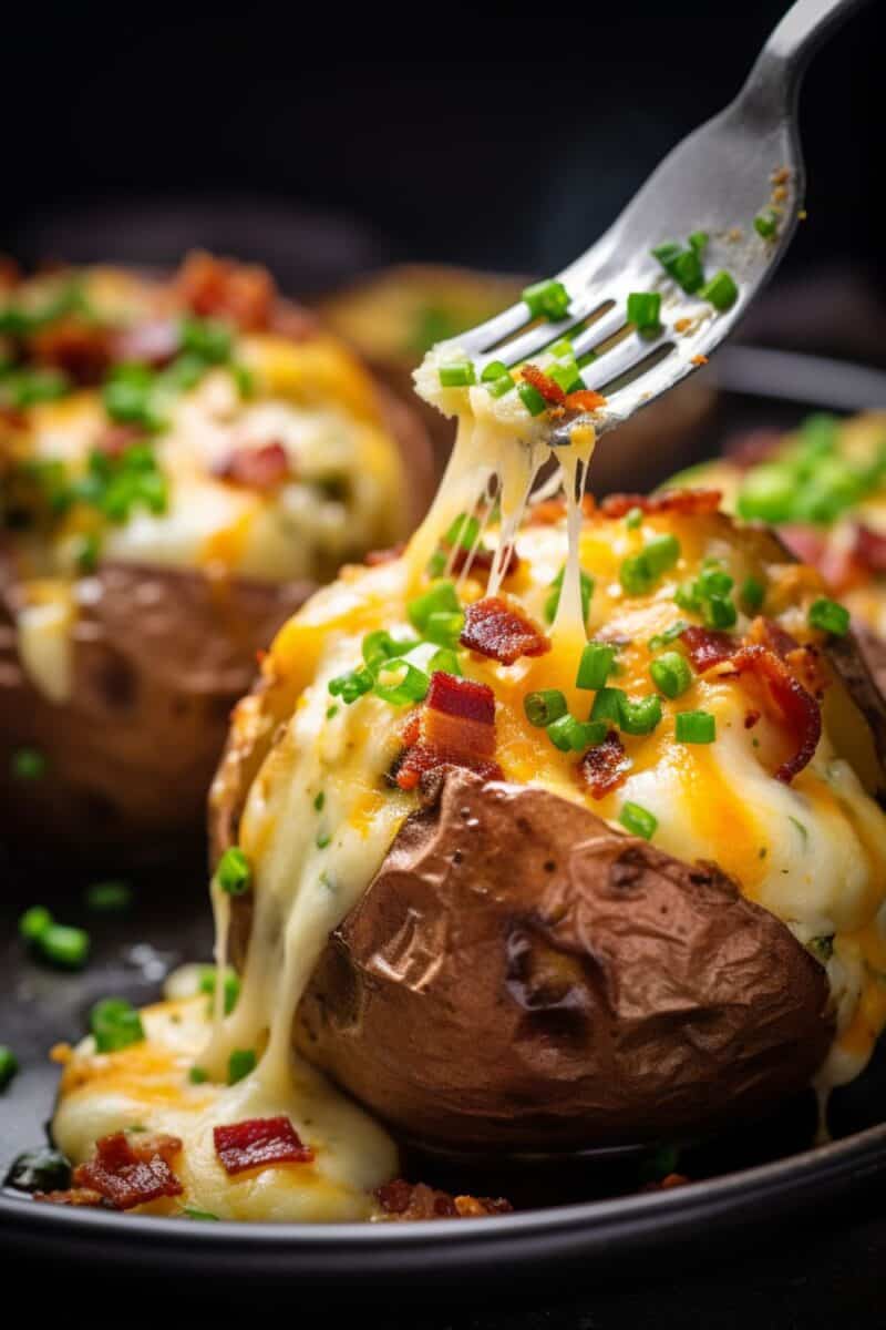 A close-up image of golden-brown Twice Baked Loaded Potatoes on a black serving plate an forkful of cheesy velvety filling, garnished with bright green chives and filled with a rich, creamy mixture of melted cheese, crisp bacon bits, and a hint of green onion.