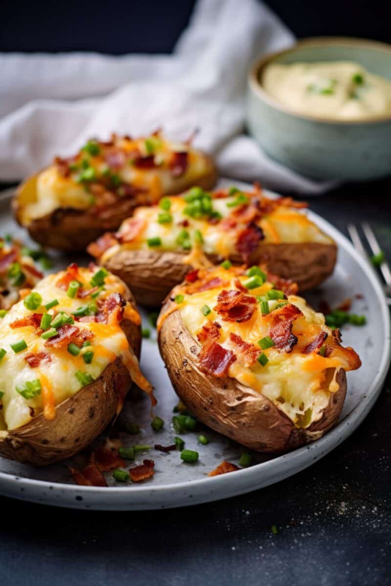 A platter of Twice Baked Potatoes stuffed with a rich mixture of cheddar, sour cream, and crispy bacon bits, garnished with a sprinkle of paprika.