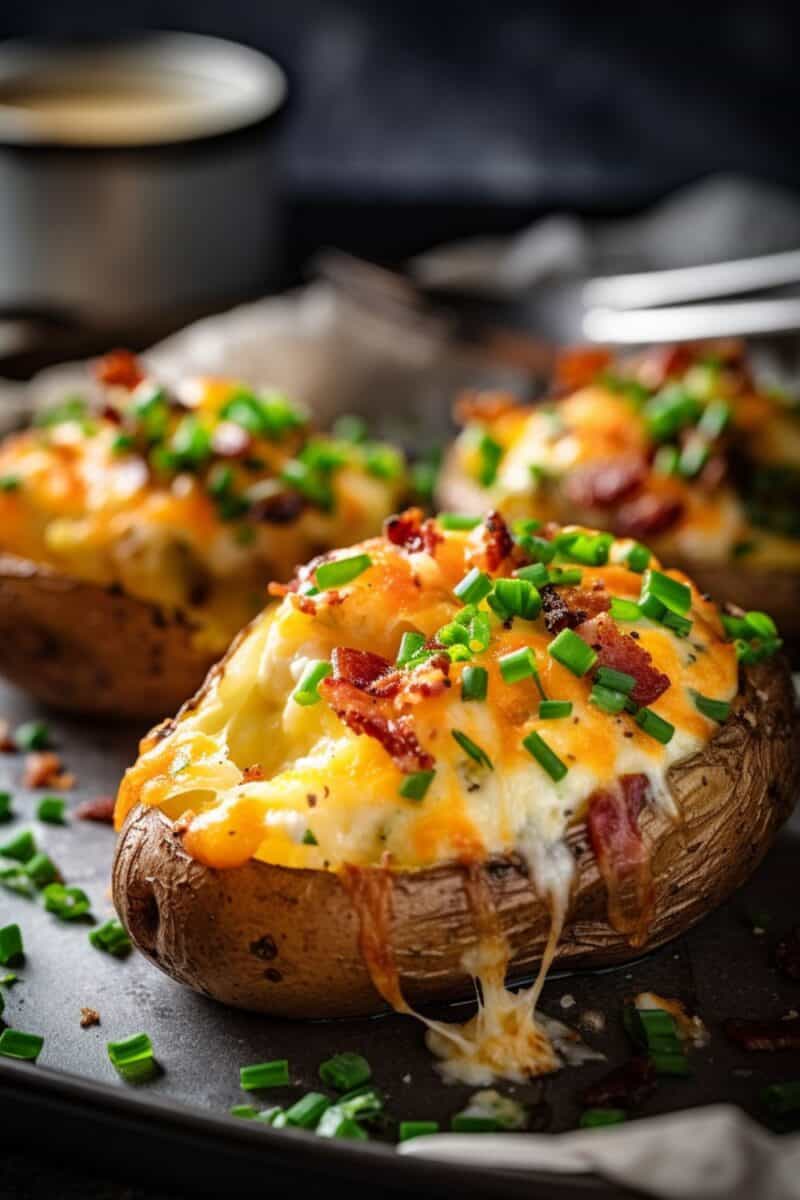 A festive table setting featuring a platter of Twice Baked Potatoes garnished with red paprika and green onions, alongside holiday decorations, providing a cozy and inviting holiday meal vibe.