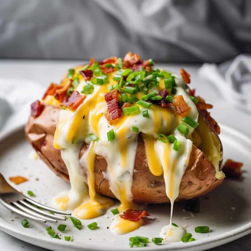 A golden-brown Twice Baked Potato overflowing with a creamy, cheesy filling and topped with vibrant green chives and crumbled bacon on a white plate.