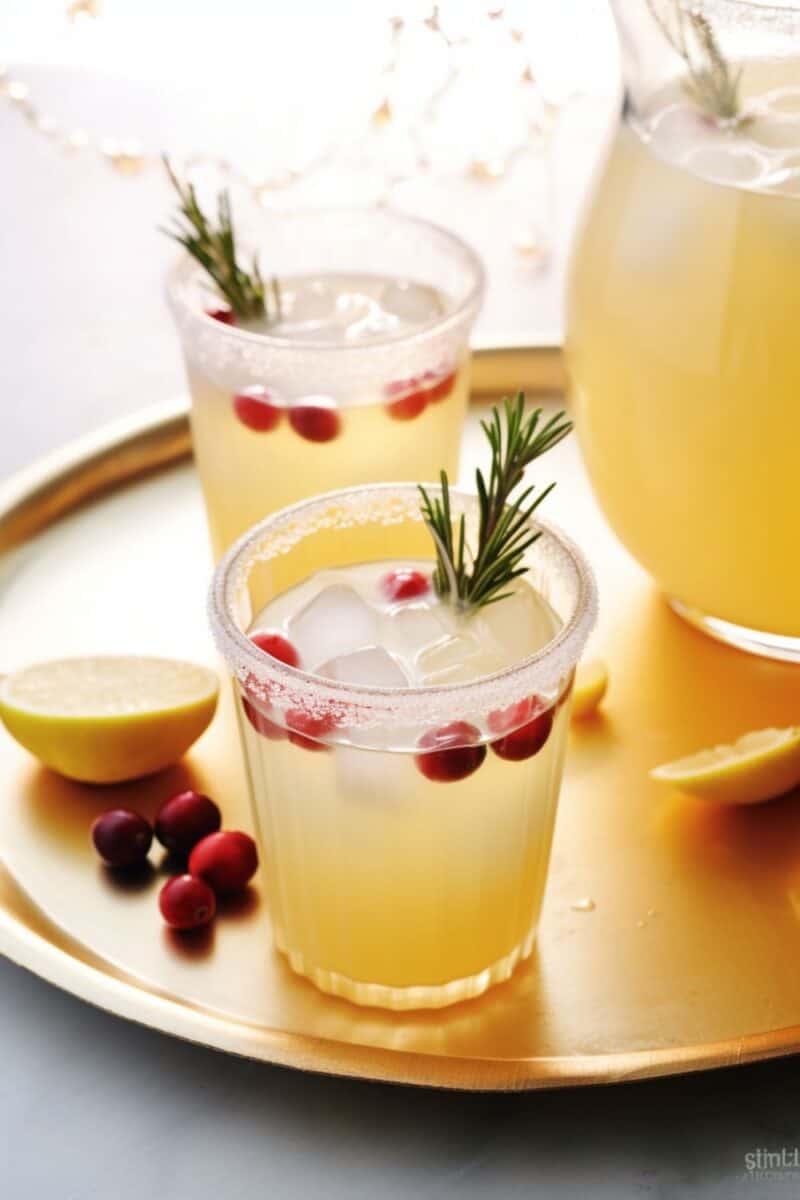 Close-up of a refreshing Vanilla-Pear Holiday Punch, with hints of cinnamon and vanilla, elegantly decorated with lemon slices, cranberries, and rosemary, embodying a warm holiday spirit.