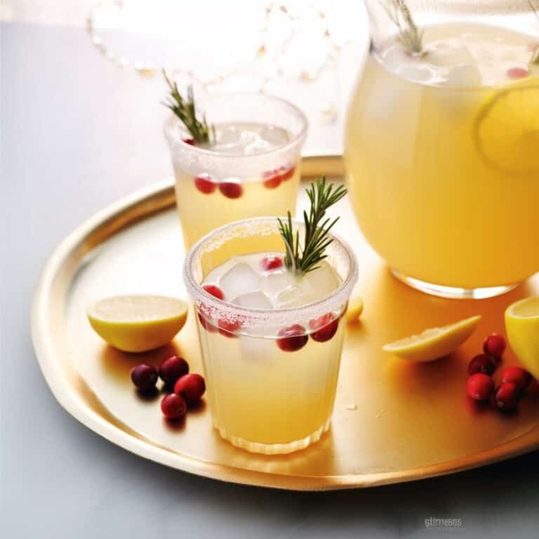 A festive Vanilla-Pear Holiday Punch pitcher and glasses garnished with lemon rounds, rosemary sprigs, and cranberries, embodying the spirit of holiday celebrations.