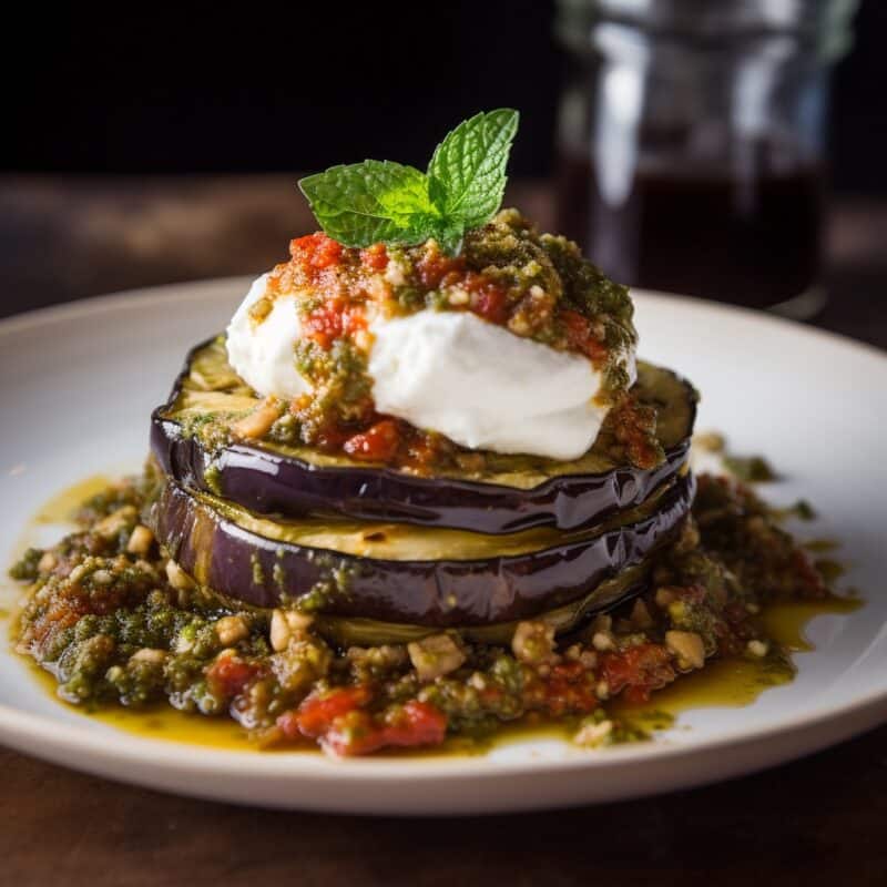 Vegetarian side dishes. eggplant with Pesto & Burrata on a white plate.