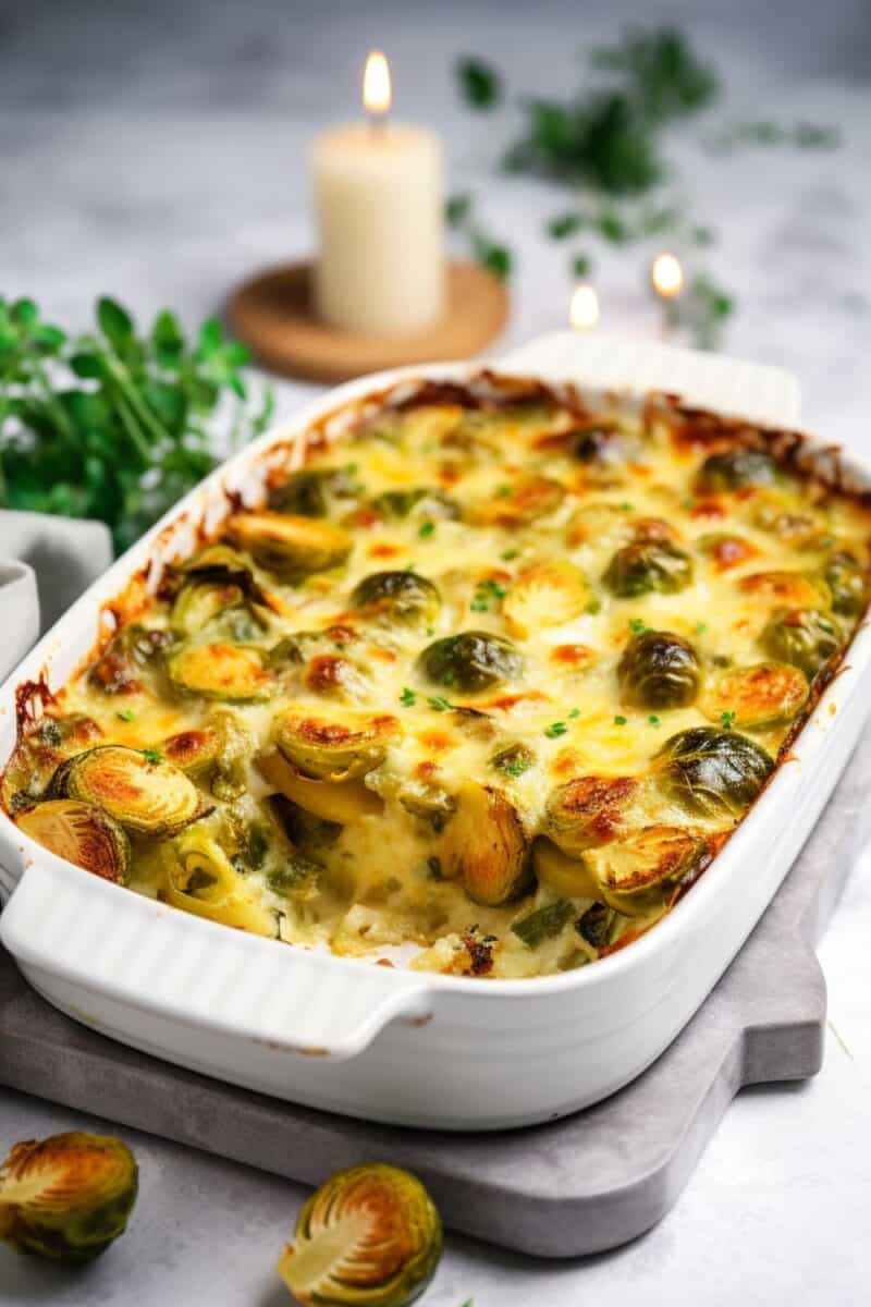 A golden-brown Cheesy Garlic Brussels Sprout Bake fresh out of the oven, with melted cheese on top and crispy edges.
