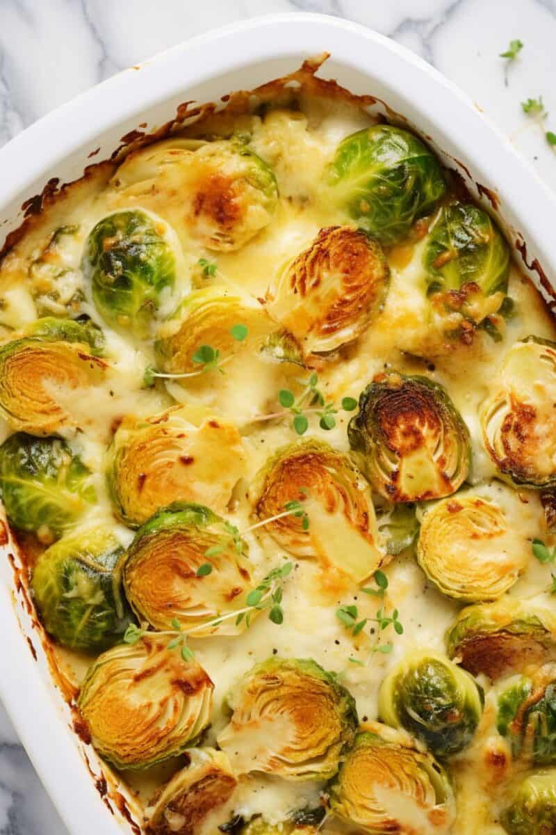 Top view of a golden-brown Cheesy Garlic Brussels Sprout Bake fresh out of the oven, with melted cheese bubbling on top and crispy, roasted edges