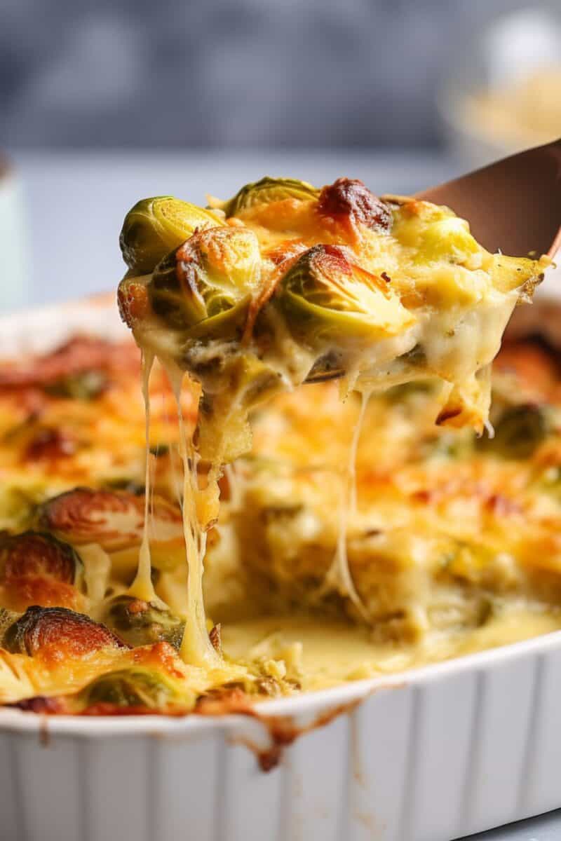 Close-up of Cheesy Garlic Brussels Sprout Bake showing the creamy, garlicky sauce coating tender brussels sprouts, with strings of gooey cheese.