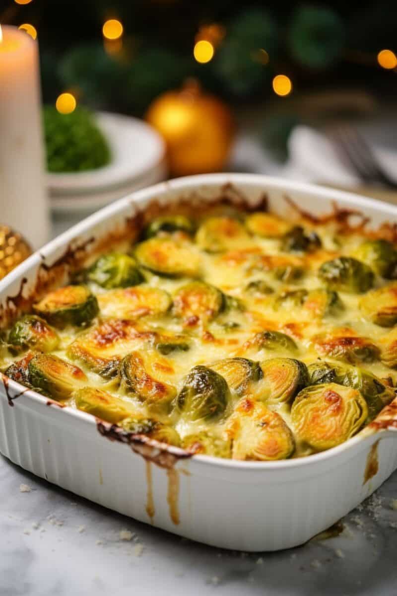 Cheesy Garlic Brussels Sprout Bake showing the creamy, garlicky sauce coating tender brussels sprouts, with gooey saucy cheese.