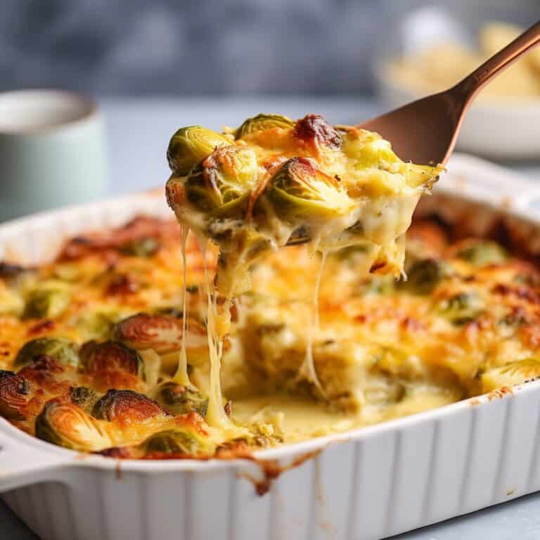 A golden-brown Cheesy Garlic Brussels Sprout Bake scooped up with a spoon fresh out of the oven, with melted cheese on top and crispy edges.