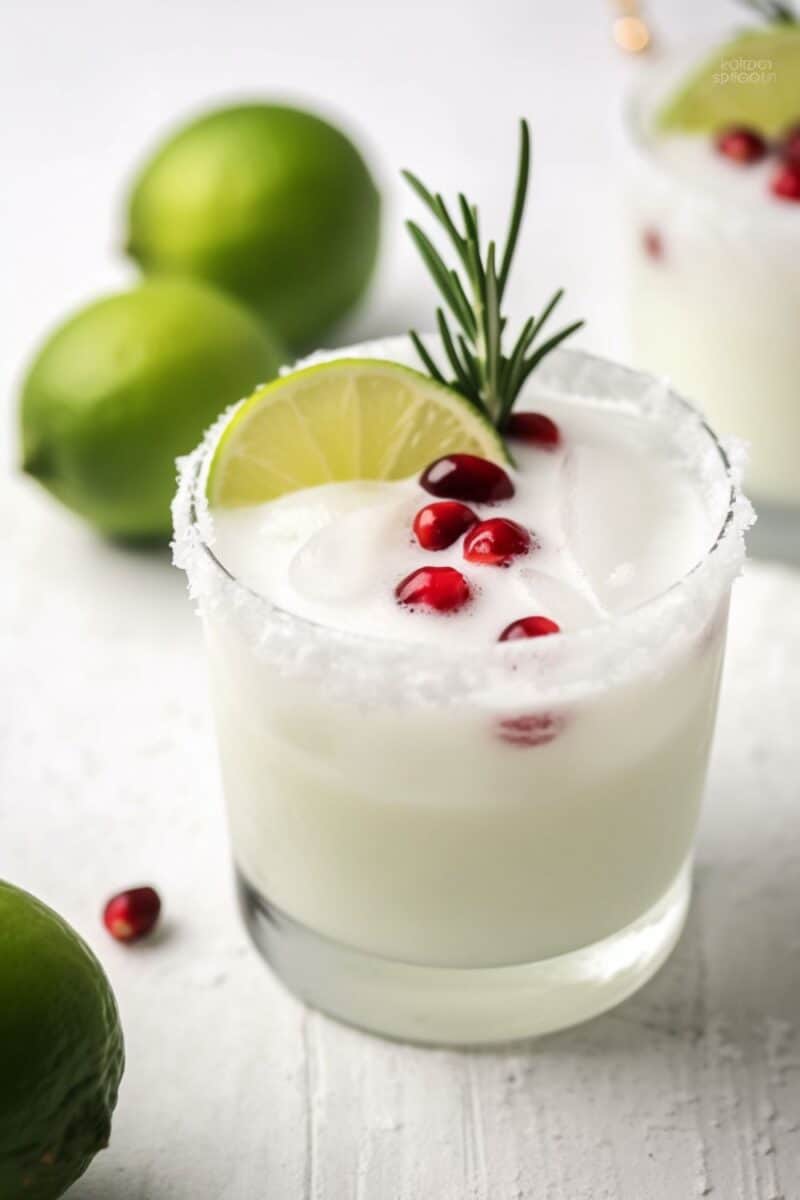 A frosty White Christmas Margarita in a sugar-rimmed glass, garnished with a slice of lime and cranberries, set against a snowy backdrop.
