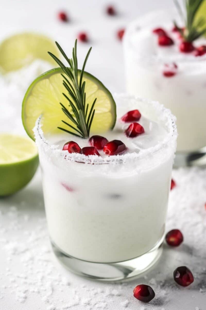 A frosty White Christmas Margarita in a sugar-rimmed glass, garnished with a slice of lime and cranberries, set against a snowy backdrop