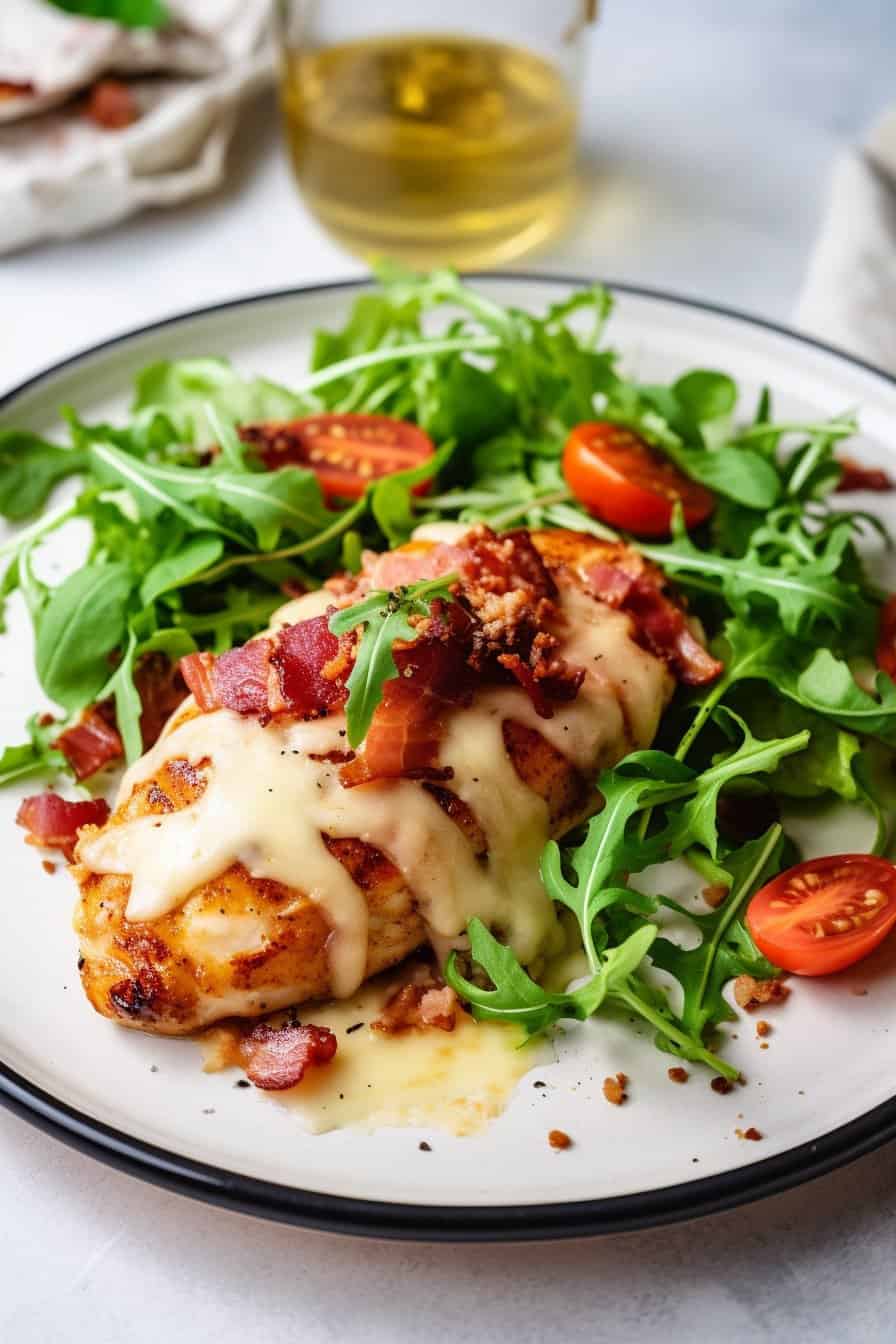 A plate showcasing Baked Crack Chicken with a vibrant side salad, highlighting the contrast between the creamy, cheesy chicken and the fresh greens.
