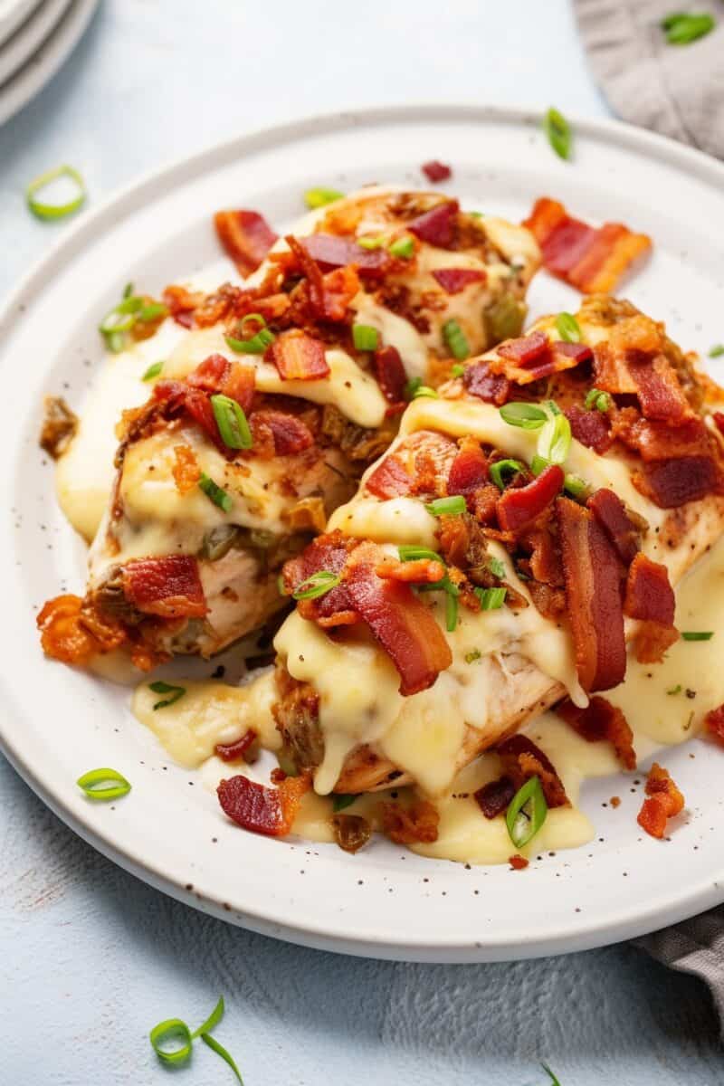 A plate of Baked Crack Chicken, with golden, cheesy topping over juicy chicken and bacon, garnished with fresh parsley.