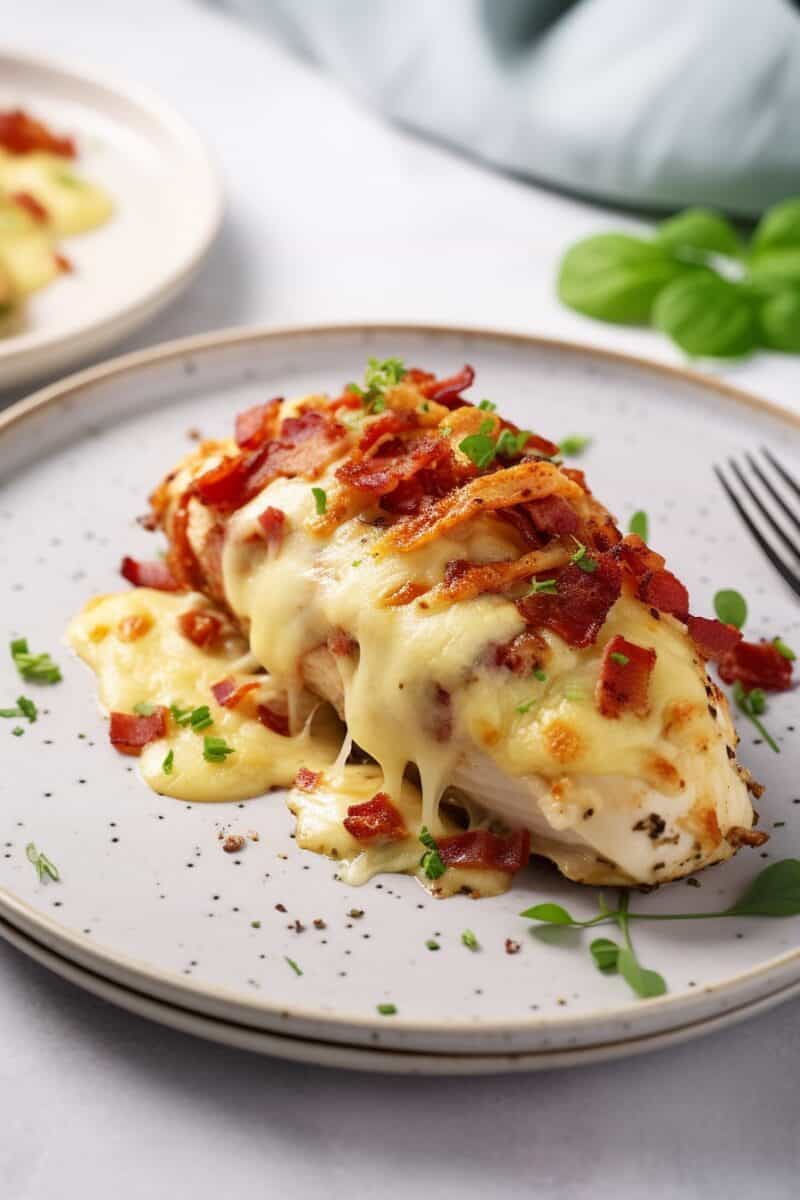 A homely serving of Baked Crack Chicken on a plate, highlighting the rich, cheesy crust and moist chicken breast, ready to be enjoyed.