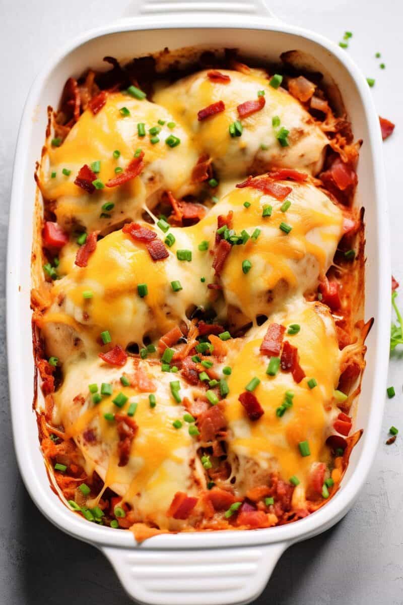 A steaming dish of Baked Crack Chicken fresh out of the oven, featuring juicy chicken breasts topped with creamy cheese and crumbled bacon.