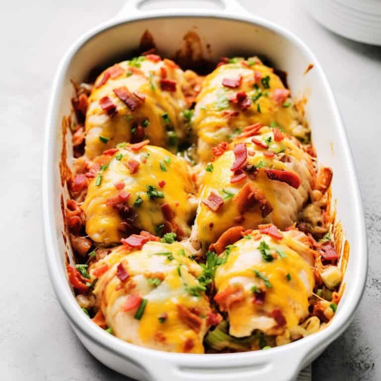 Close-up of Baked Crack Chicken in a serving dish, showcasing golden-brown, melted cheese topping over tender chicken breasts and crispy bacon pieces.