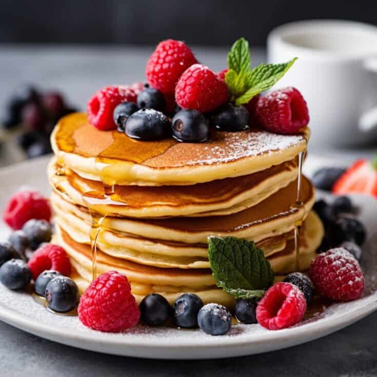 Light and fluffy homemade Buttermilk Pancakes topped with a colorful mix of blueberries, raspberries, and blackberries, embodying the best hotcake recipe for a decadent breakfast or Easter brunch, beautifully presented and ready in under 20 minutes.