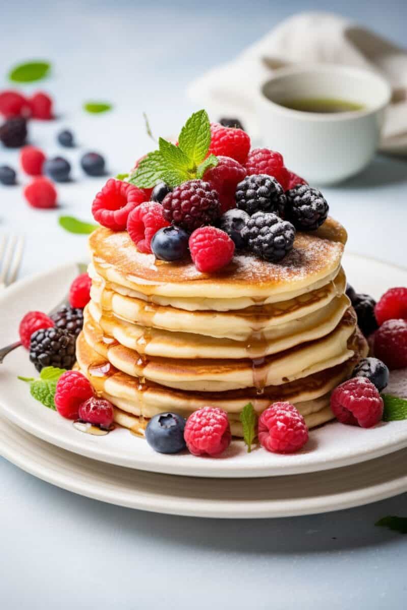 Delicious Buttermilk Pancakes with Mixed Berries, presenting an easy recipe of light and fluffy hotcakes, topped with a vibrant assortment of mixed berries, ideal for a quick, indulgent breakfast or a special occasion like Mother's Day.
