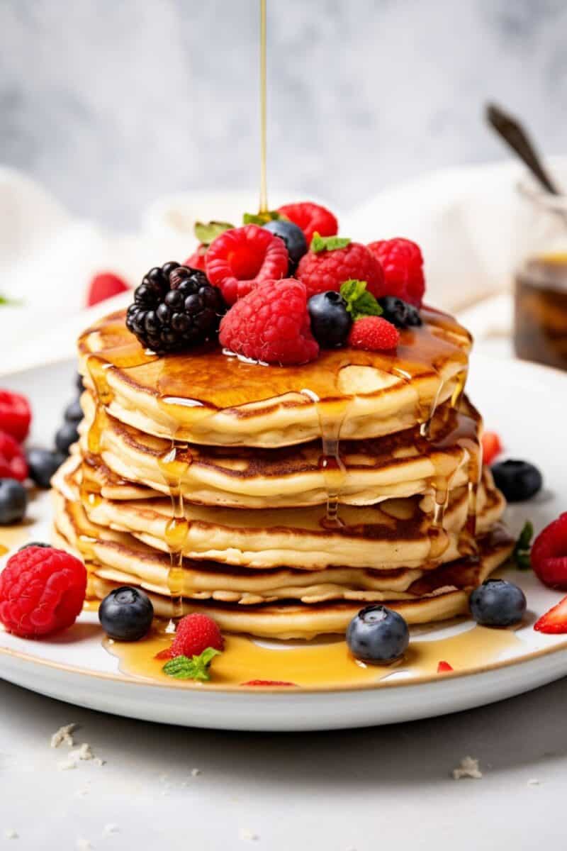 Side view of a stack of fluffy, homemade Buttermilk Pancakes with Mixed Berries, showcasing layers of the best buttermilk pancake recipe, adorned with fresh blueberries, raspberries, and blackberries, symbolizing an easy, classic American breakfast.