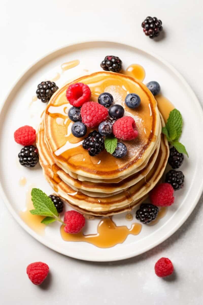 Top view of a scrumptious stack of Buttermilk Pancakes with Mixed Berries, featuring the best buttermilk pancake recipe, artfully arranged with blueberries, raspberries, and blackberries for a light and fluffy, decadent breakfast, ideal for an American classic breakfast or a special Easter brunch.