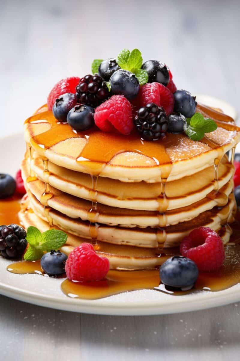 A homemade delight of Buttermilk Pancakes with Mixed Berries, showcasing fluffy, light pancakes topped with fresh berries, perfect for a sumptuous homemade brunch or a special Mother's Day breakfast.