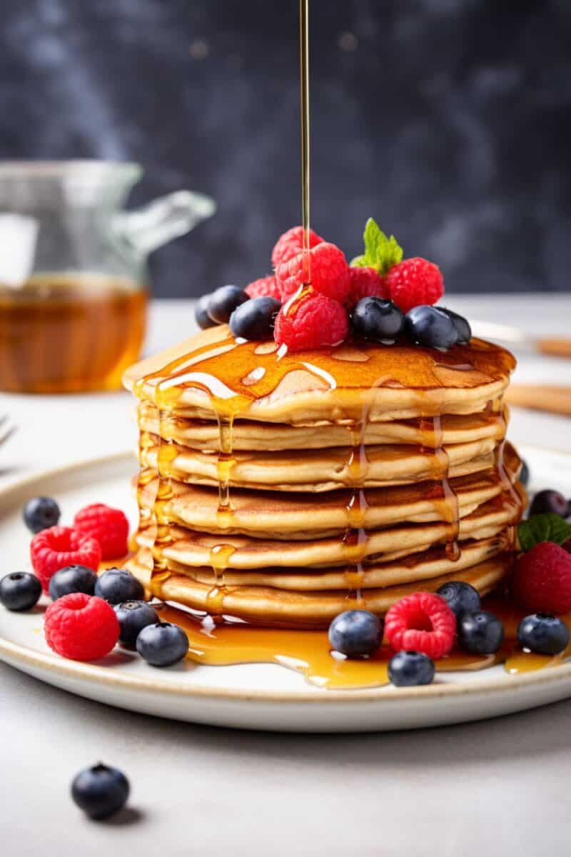 Warm, fluffy stack of buttermilk pancakes topped with a generous helping of mixed berries and a drizzle of golden maple syrup on a white plate.