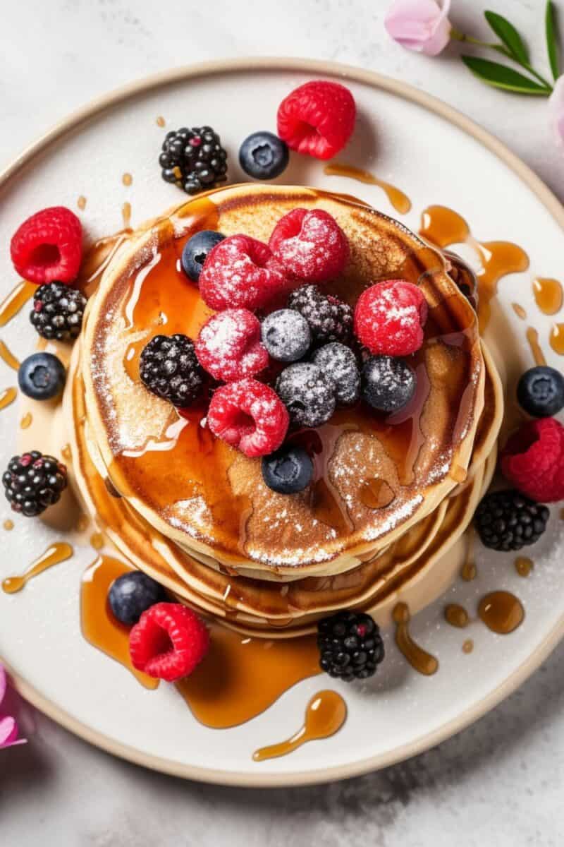 Scrumptious top view of Buttermilk Pancakes with Mixed Berries, showcasing fluffy, classic buttermilk pancakes adorned with fresh blueberries, raspberries, and blackberries, perfect for a quick, easy, and delightful American classic breakfast or Mother's Day treat.
