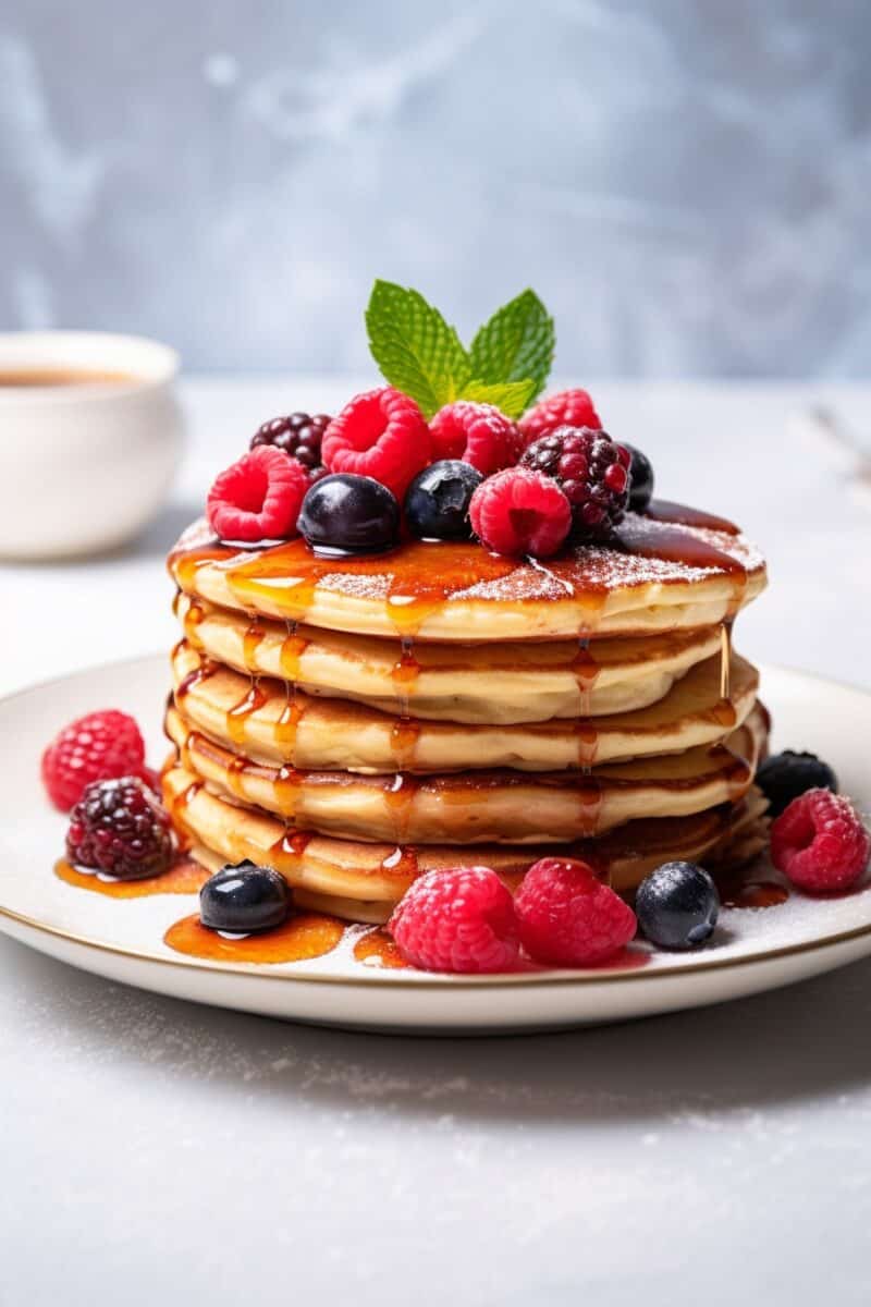 Inviting plate of Buttermilk Pancakes with Mixed Berries, expertly crafted from the best buttermilk pancake recipe, topped with fresh berries for a light, fluffy, and delightful brunch or Mother's Day breakfast experience.