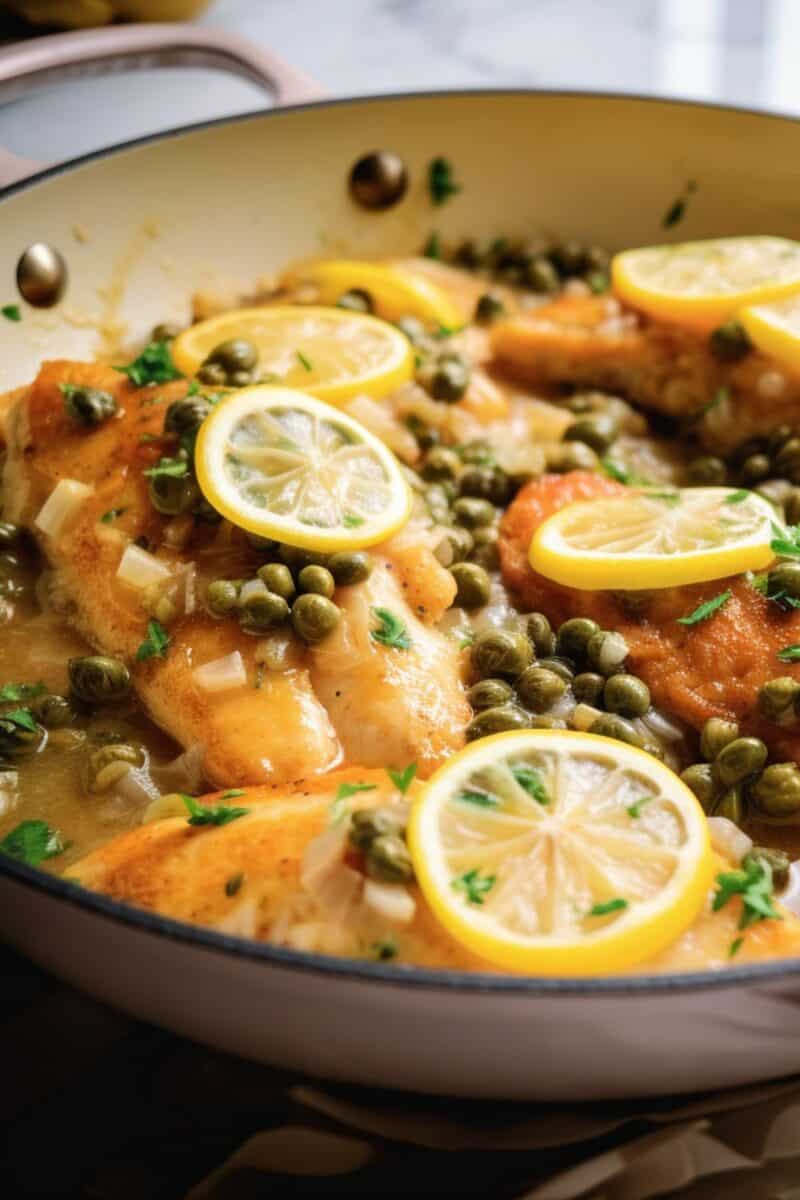 Close-up view of Chicken Piccata with thin chicken slices in a rich, tangy lemon-butter sauce with capers, served on a sleek dinner plate.