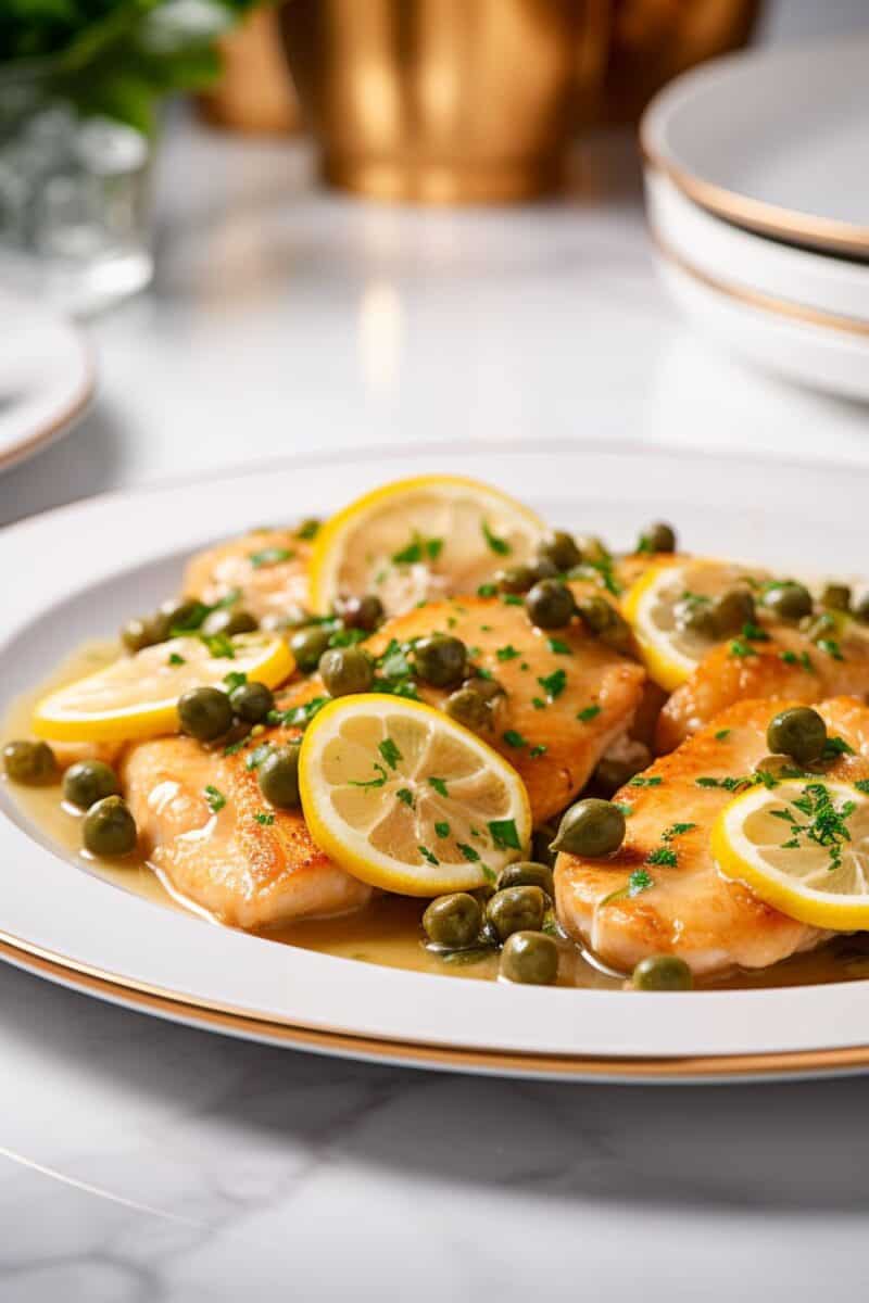 Delicious Chicken Piccata meal on a rustic table, highlighting the succulent chicken pieces drenched in a zesty lemon and caper sauce.