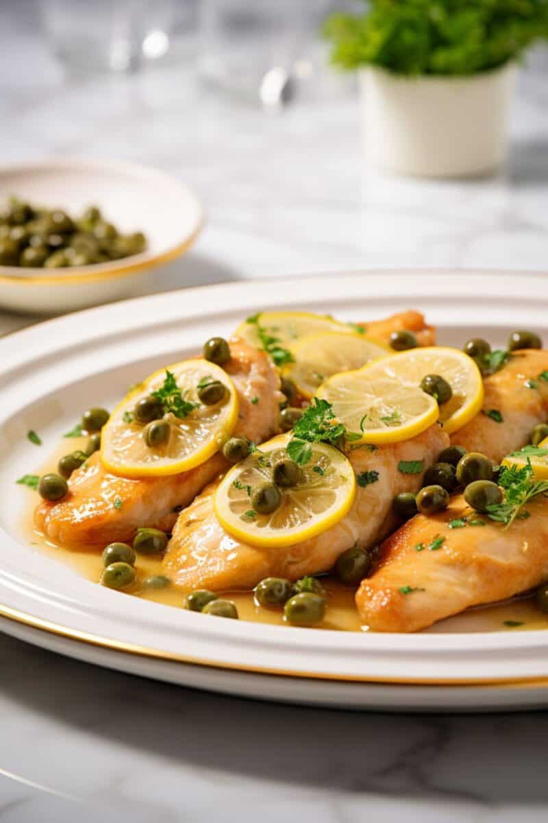 Elegant serving of Chicken Piccata, featuring juicy chicken in a lemony butter sauce, accented with capers, on a white dinner plate.