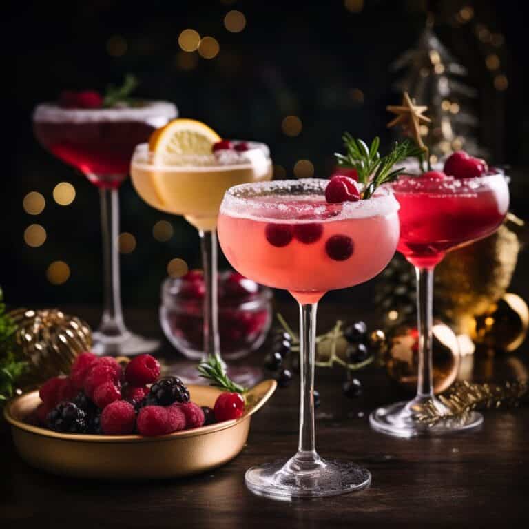 Christmas Cranberry cocktails beautifully presented in elegant glasses, garnished with fresh cranberries and sprigs of rosemary, capturing the festive spirit.