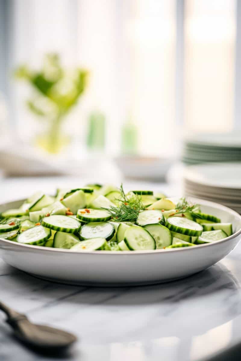 Freshly prepared Cucumber Salad served as a side dish, showcasing vibrant green cucumber slices and herbs.