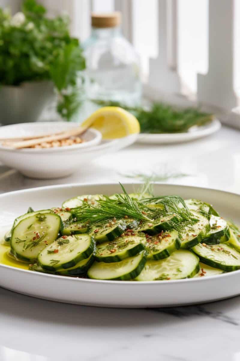Healthy Cucumber Salad served as a side dish, emphasizing its fresh and simple ingredients.