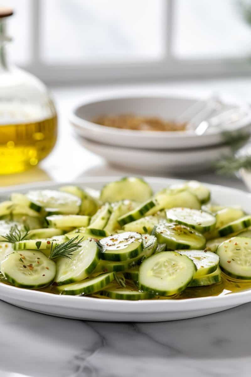 Close-up of Cucumber Salad garnished with mint leaves and a sprinkle of black pepper