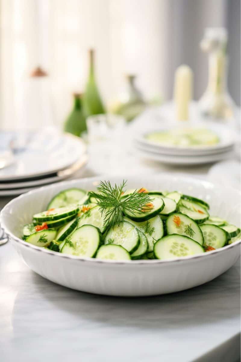 Homemade Cucumber Salad in a serving dish, perfect for a healthy and refreshing summer meal.