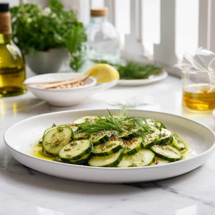 A bowl of Cucumber Salad with thinly sliced cucumbers, fresh dill, and a light vinaigrette dressing.
