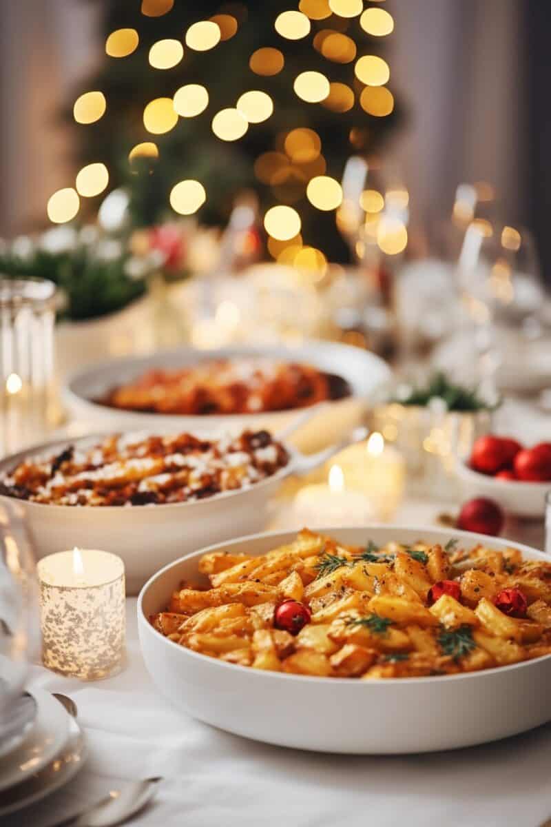 An inviting display of Holiday Party Recipes featuring a colorful array of Christmas and Thanksgiving dishes, appetizers, and seasonal beverages.