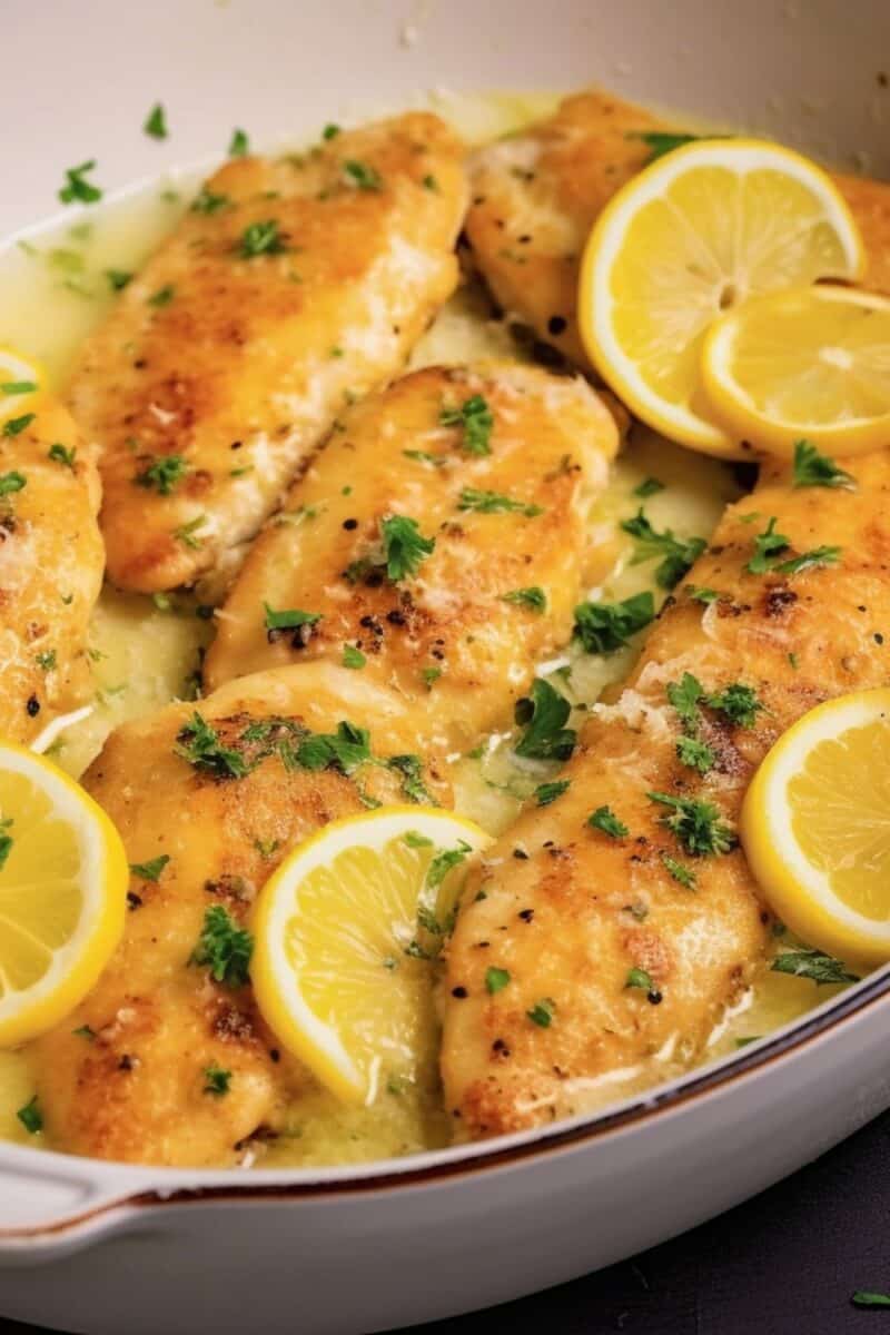 Close-up of Lemon Butter Chicken, highlighting the glossy butter sauce with lemon slices and herbs.