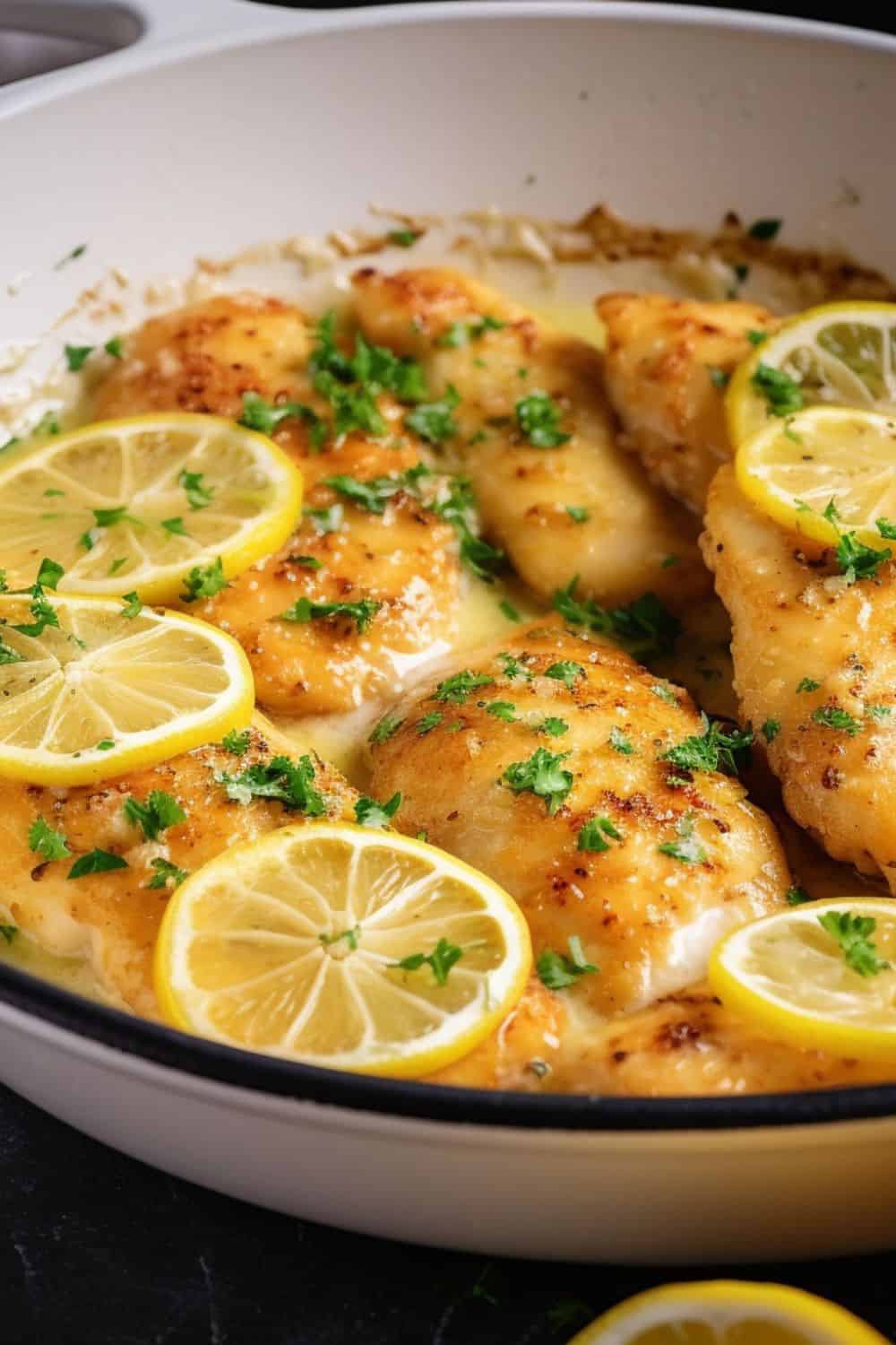 A family-style serving of Lemon Butter Chicken, ready for dinner, with steam rising from the lemony sauce.
