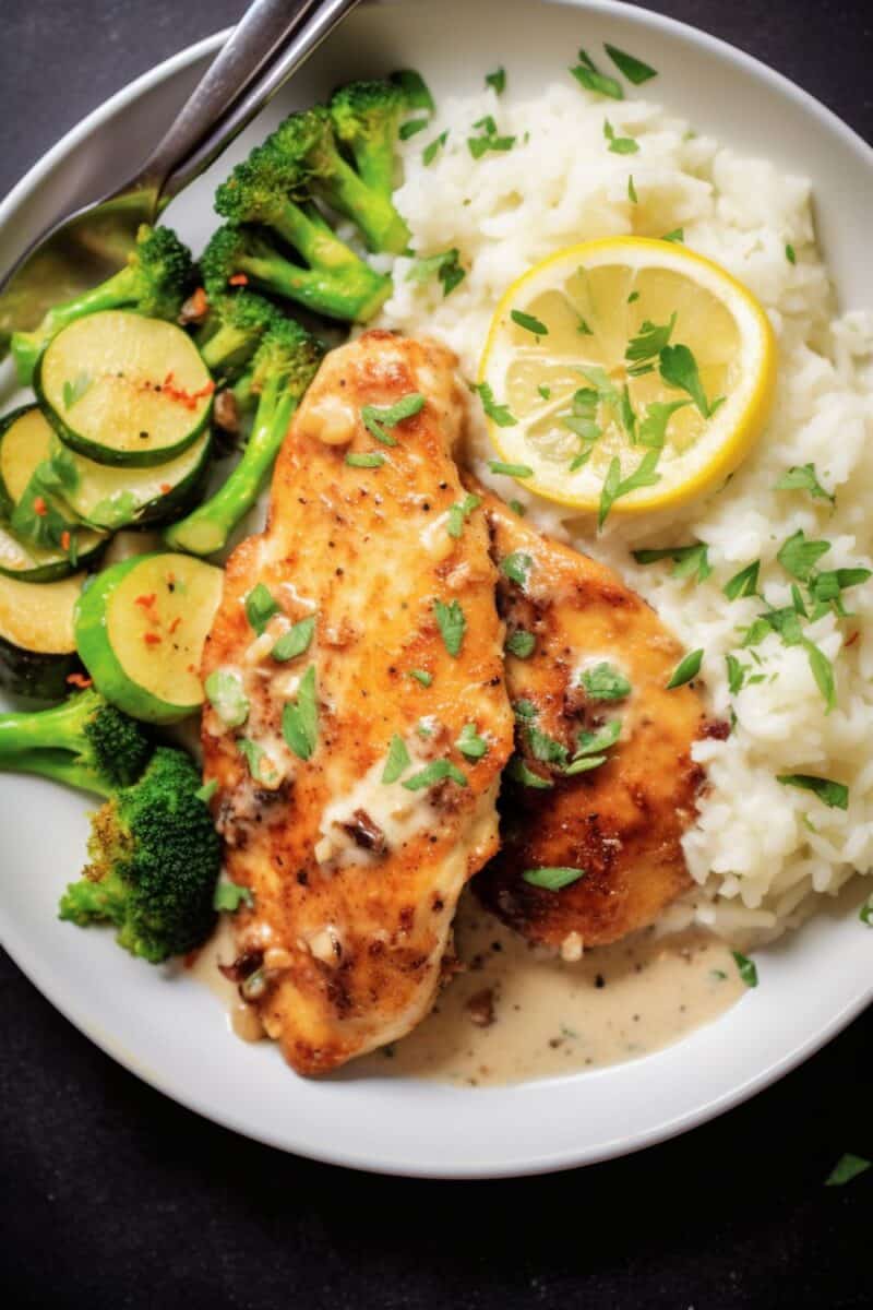 Juicy chicken breasts coated in a vibrant lemon butter sauce, garnished with parsley, served on a white plate with side vegetables and white rice.
