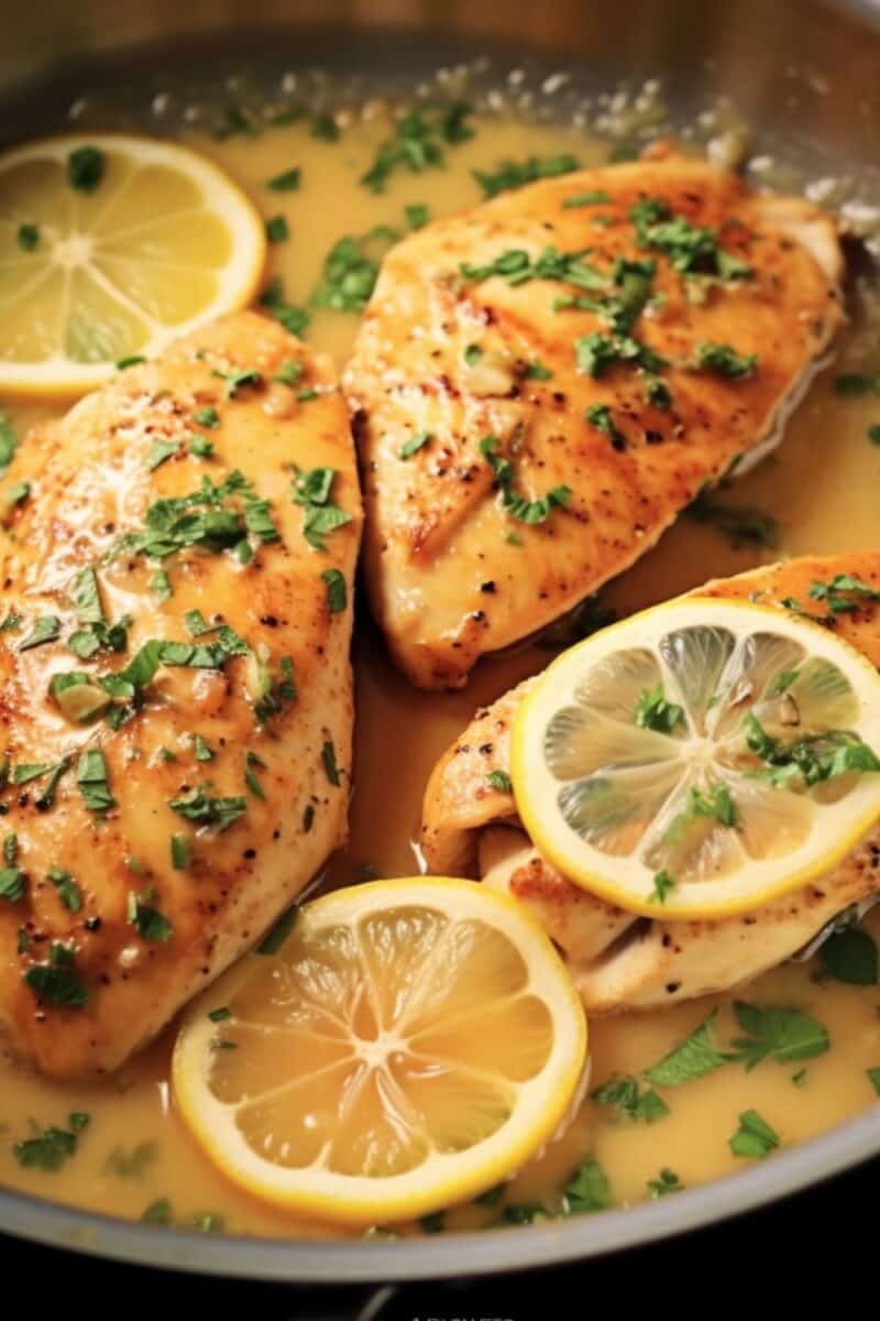 Close-up of Lemon Butter Chicken, highlighting the glossy butter sauce with lemon slices and herbs.