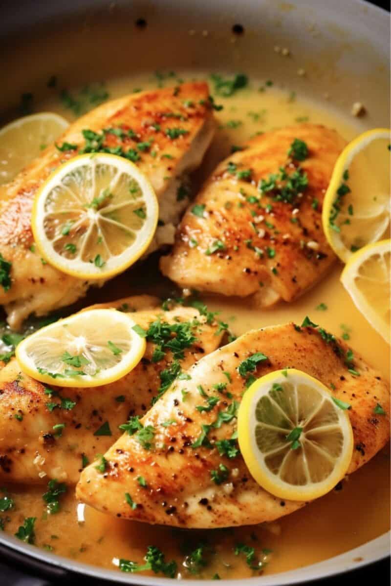 Lemon Butter Chicken in a cooking skillet, illustrating the cooking process with ingredients like lemon wedges and garlic visible in the savory, bubbling sauce..