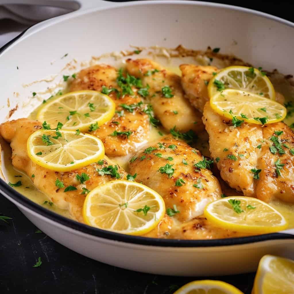 Tender Lemon Butter Chicken in a skillet, showcasing the golden crust and lemon garlic sauce.