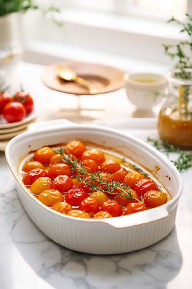 Roasted Tomatoes: Vibrant, roasted cherry tomatoes with a sprinkle of black pepper and salt, ready to be served.