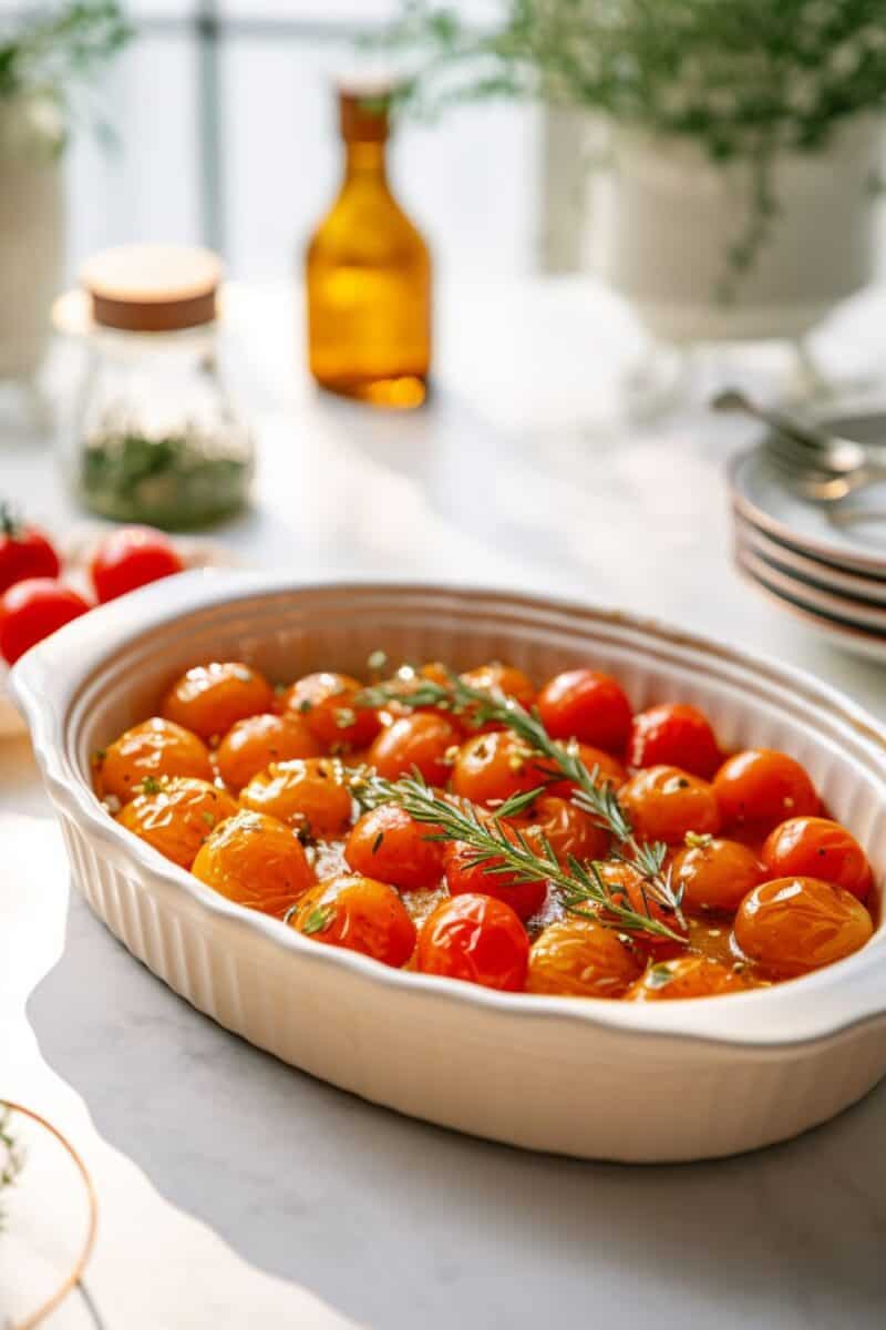 Roasted Tomatoes: Aromatic roasted tomatoes in a baking dish, exuding a warm, inviting aroma, perfect for a family dinner.