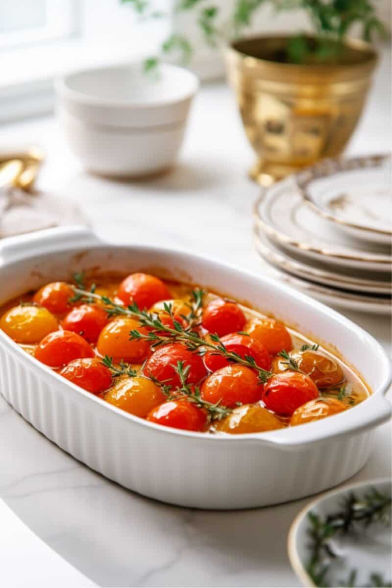 Roasted Tomatoes: Juicy cherry tomatoes roasted with garlic, thyme, and olive oil, served as a colorful and aromatic side dish.