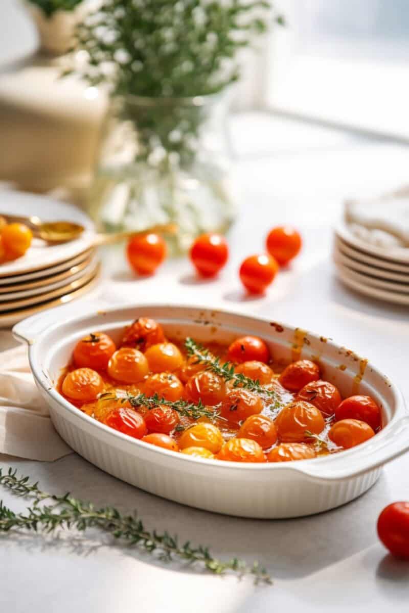 Roasted Tomatoes: Aromatic roasted tomatoes in a baking dish, exuding a warm, inviting aroma, perfect for a family dinner.